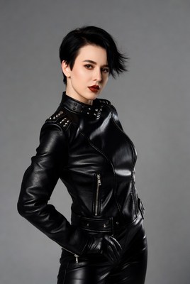 Woman in black leather jacket and pants