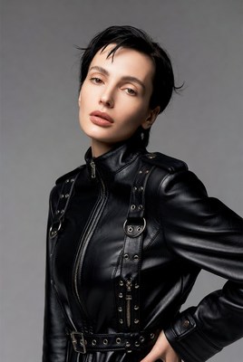 Woman in black leather harness jacket