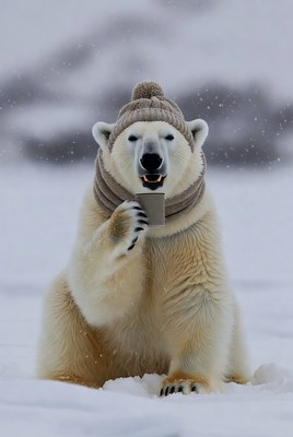 Polar bear wearing hat holding coffee