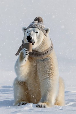 Polar bear drinking coffee in snow