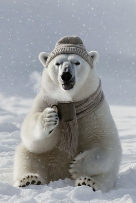 Polar bear drinking tea in snow