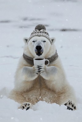 Polar bear drinking coffee in snow