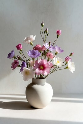 Pink and Purple Flowers in White Vase