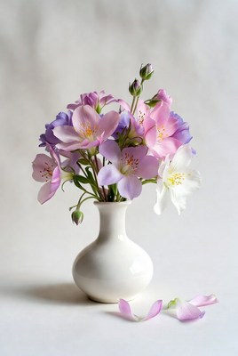 Pink and Purple Alstroemeria in White Vase