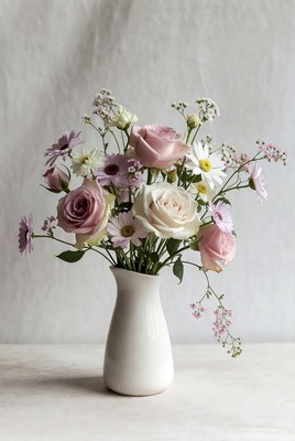 Pink and White Flowers in White Vase