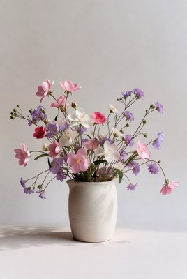 Pink and Purple Flowers in White Vase
