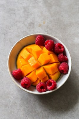 Mango Cubes with Raspberries in Bowl