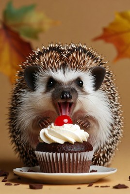 Hedgehog eating cherry cupcake