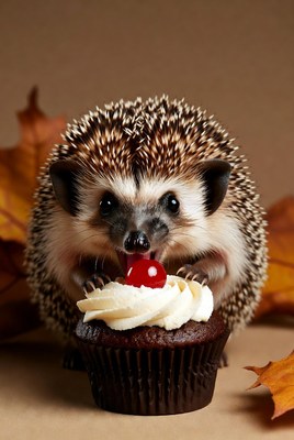 Hedgehog eating cherry cupcake