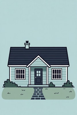 Cartoon House with Chimney and Bushes