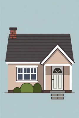 Cartoon house with chimney and bushes