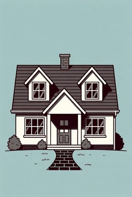 Illustrated House with Chimney and Bushes