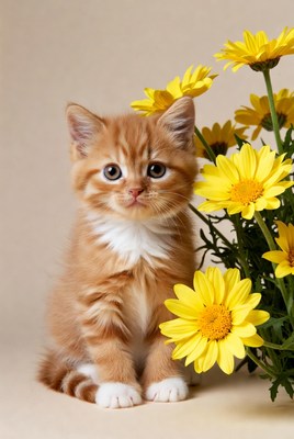 Orange kitten with yellow daisies