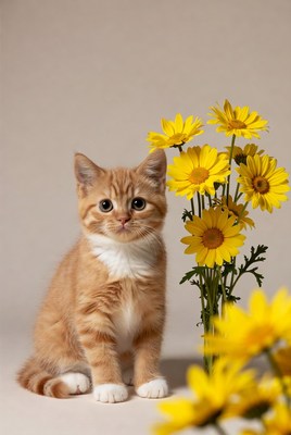 Orange kitten with yellow daisies
