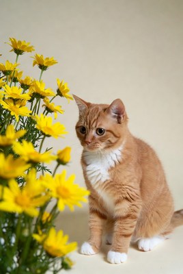 Orange kitten with yellow daisies