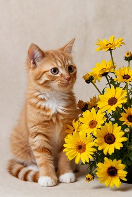 Orange kitten with yellow daisies