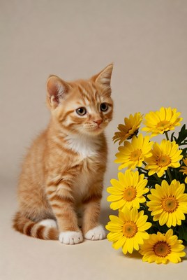 Orange kitten with yellow daisies