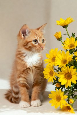 Orange kitten sitting with yellow daisies