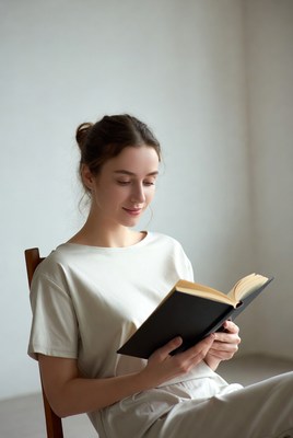 Woman reading book on chair