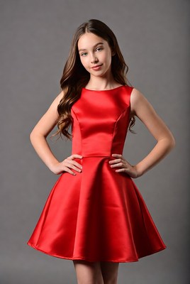 Girl in red satin dress