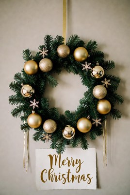 Gold Christmas Wreath with Merry Sign