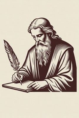 Bearded man writing with quill