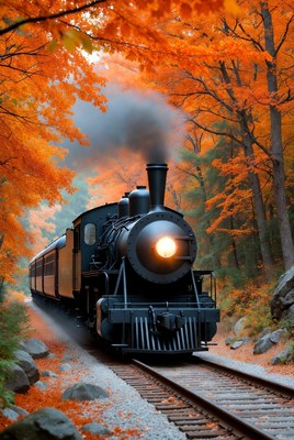 Steam Train in Autumn Forest
