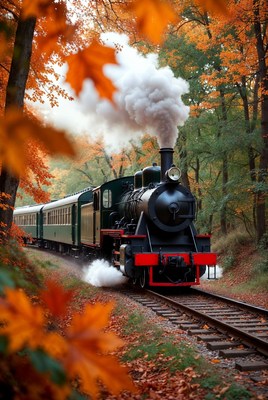Steam train in autumn forest