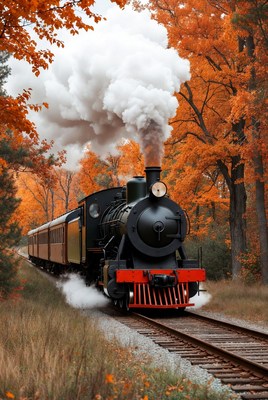 Steam train in autumn forest