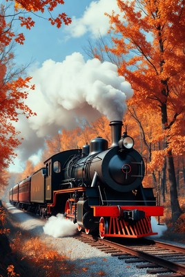 Steam Train in Autumn Forest