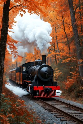 Black Steam Train in Autumn Forest