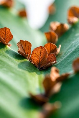Dried orange leaves on green plant