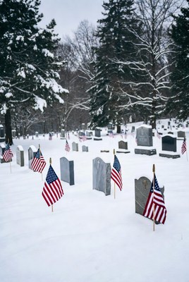 Snowy Cemetery with American Flags