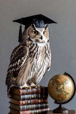 Owl wearing graduation cap on books