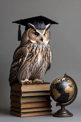 Owl wearing graduation cap on books