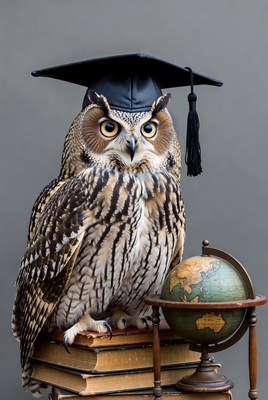 Owl Wearing Graduation Cap with Globe