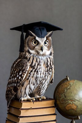Owl wearing graduation cap on books