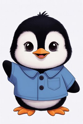 Cute cartoon penguin waving in blue shirt