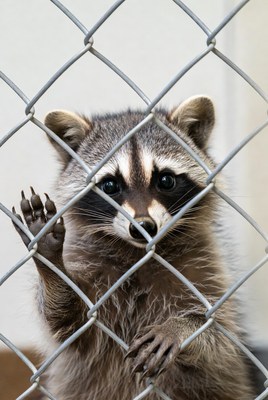 Raccoon peering through chain link fence