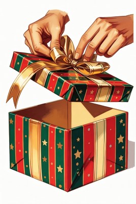 Hands Unwrapping Gold Bow Gift Box