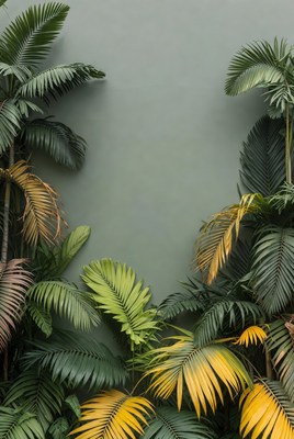 Tropical Palms Against Green Wall