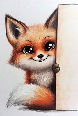 Cute fox peeking over blank sign