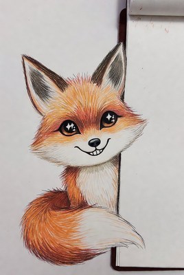 Cute fox peeking over notepad