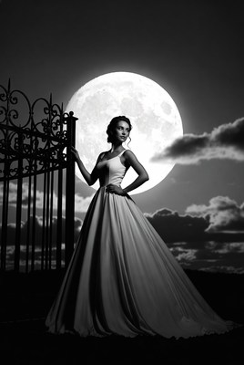 Woman in gown by gate under full moon