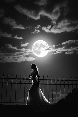 Silhouette of Woman in Dress by Fence Under Full Moon