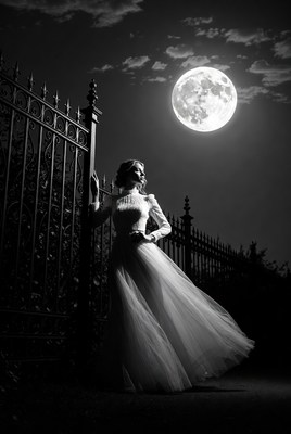 Woman in flowing gown at wrought iron gate