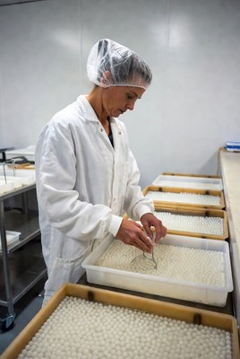 Woman scooping tapioca pearls in factory