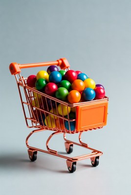 Orange shopping cart full of colorful candies