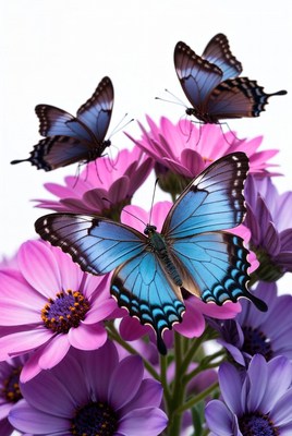 Blue Butterflies on Pink Daisies