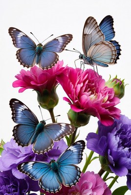 Blue Butterflies on Pink Purple Flowers